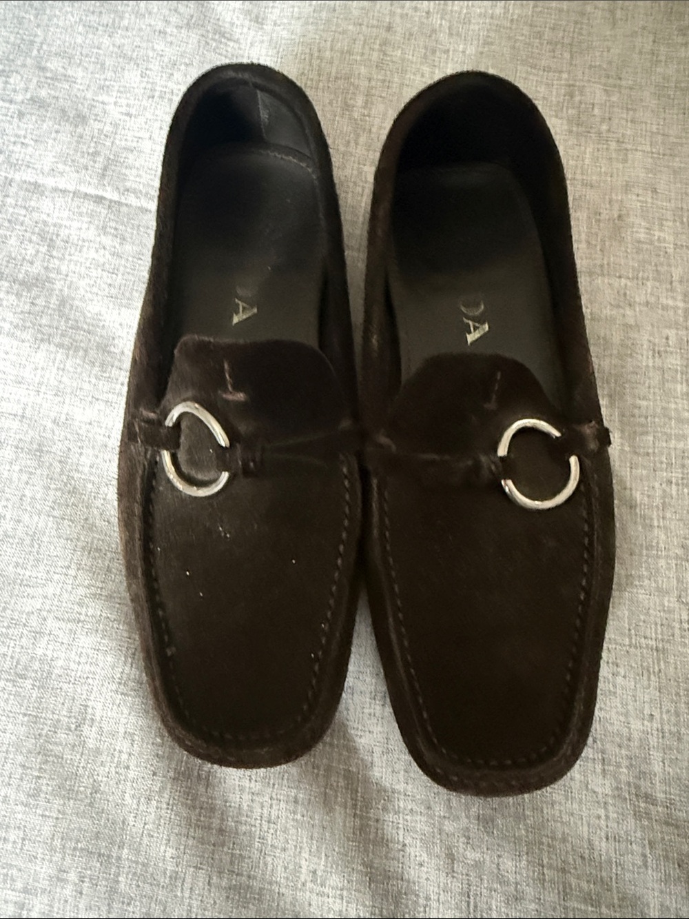 Women’s Prada Dark Brown Suede Loafers with Silver Bit